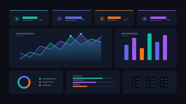 Futuristic Dark Mode Data Dashboard Concept with Colorful Graphs and Infographic UI Elements