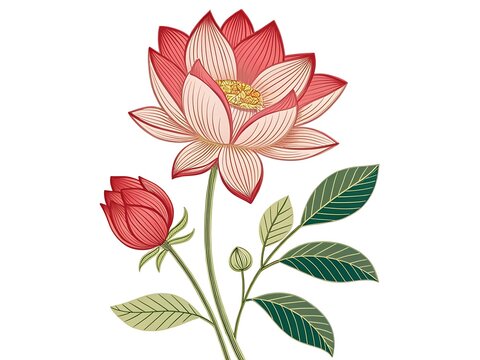 Beautiful watercolor lotus flower with green leaves and buds