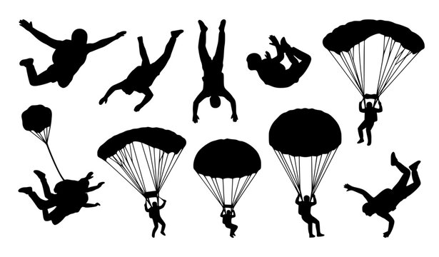 Dynamic skydiving parachute sport black silhouette vector illustration set