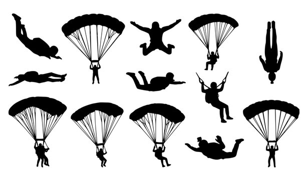 Skydiver parachuting black silhouette vector illustration icon collection