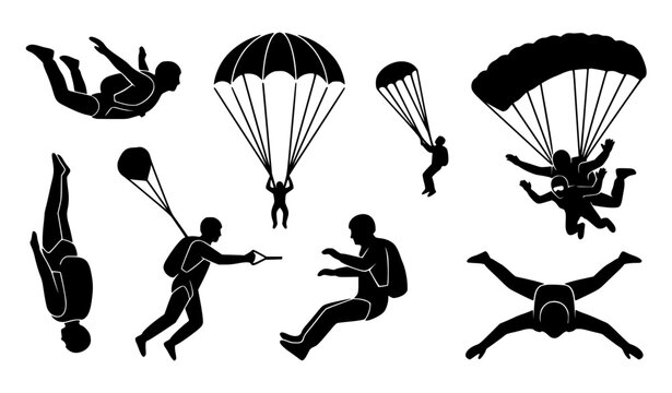 Minimal skydiver parachute black silhouette vector icon set