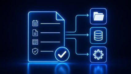Fototapeta premium Futuristic digital checklist concept with glowing neon blue icons representing automated data processing cloud storage and secure system management.