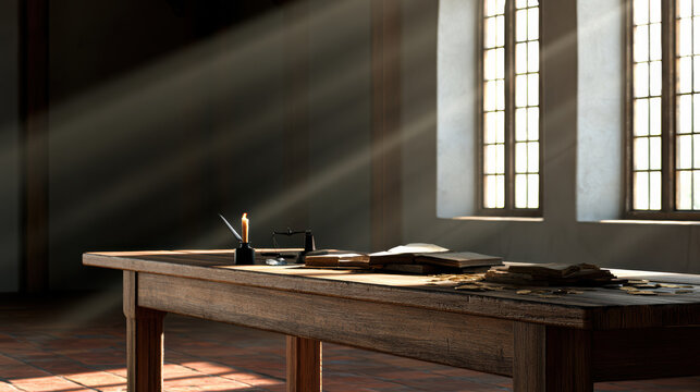 Sunlight streams through tall windows onto wooden table with candle, books, and parchment in medieval room, evoking calm and history