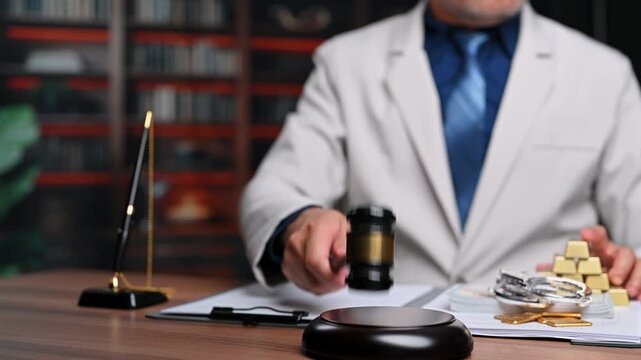 Judge handles corruption trial proceedings near bribery money, addressing corruption issues as legal justice officers fight financial corruption, upholding justice inside court.