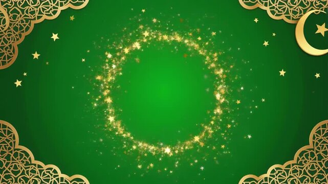 Floating golden particles rise against a green background with ornate borders