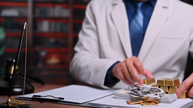 Financial corruption involves legal corruption where one corporate lawyer handles bribery, allowing another corrupt lawyer inside courtrooms exposing corruption beside money, gold bars, handcuff.