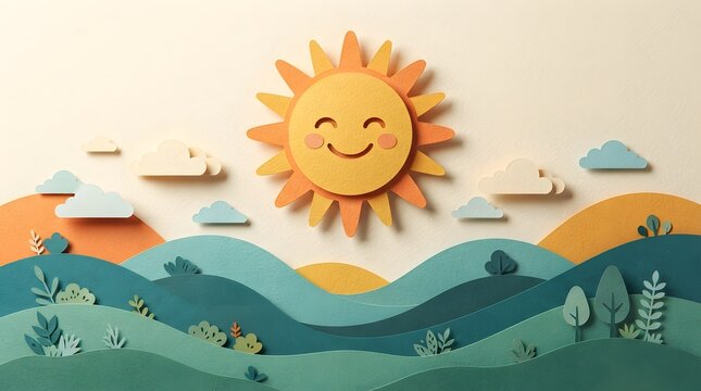 Paper cut sun with smiling face and landscape cheerful world smile day illustration