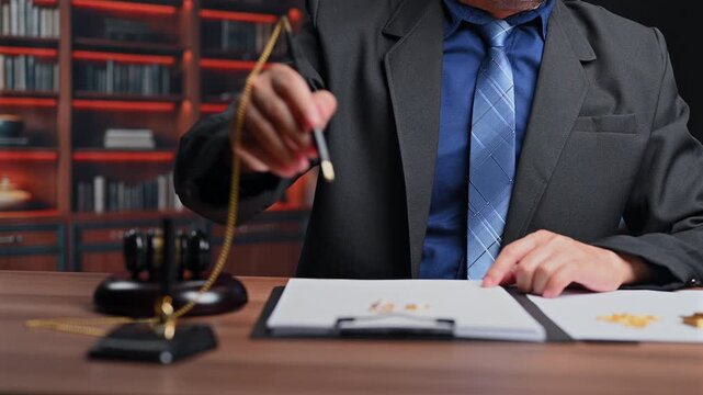 Focused lawyer reviews legal document inside office background, experienced lawyer preparing court evidence where senior lawyer handles official court contract representing justice system.