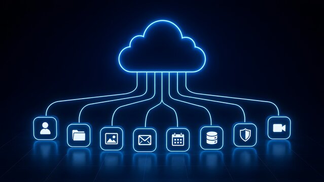 Glowing neon blue cloud computing concept distributing digital data to various application icons illustrating secure network storage and information management.