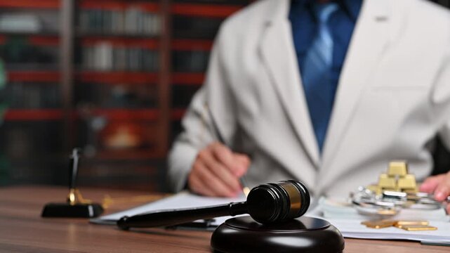 Official pursuing justice handles financial law matters, ensuring criminal justice stays active in corporate law enforcement, delivering equal justice near wooden gavel.