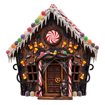 Creepy Gingerbread House with Candy Decorations and Witch Figure on Transparent Background