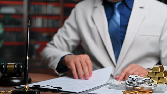 Lawyer reviews legal document regarding bribery, investigating corporate financial crime near gavel, combating bribery actively as crime syndicate bribery continues under official legal scrutiny.