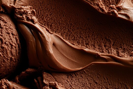 Chocolate ice cream with smooth texture in a close-up view taken in a dessert shop during the afternoon