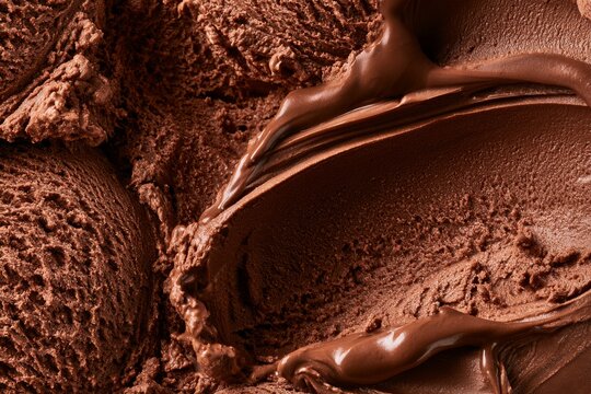 Chocolate ice cream in a close-up view showing texture and creamy layers during a summer day