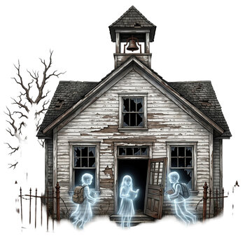 Derelict Schoolhouse with Broken Windows and Ghostly Students in Yard on Transparent Background