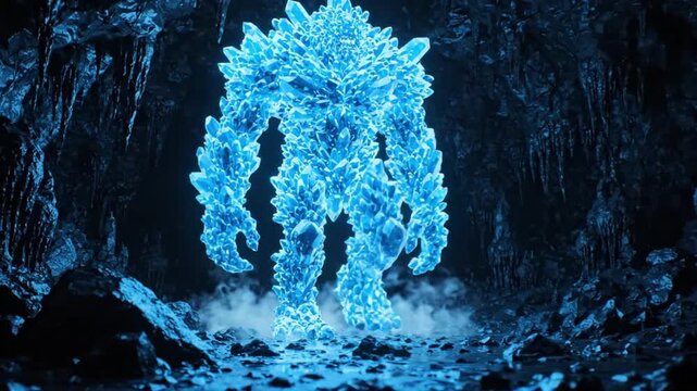 Glowing ice golem monster walks forward through dark cave.