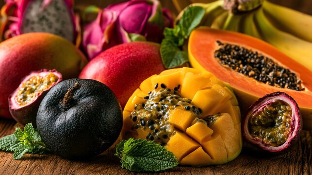 A colorful fruit composition featuring black sapote fruit paired with mangoes, papayas, bananas, dragon fruit, passion fruit, and fresh mint