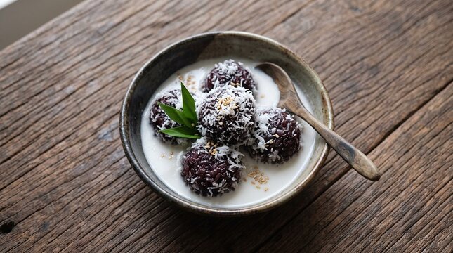 Indonesian kue bugis mandi ketan hitam, black glutinous rice balls coated with grated coconut in white coconut milk sauce topped with sesame seeds, ceramic bowl on wooden table.