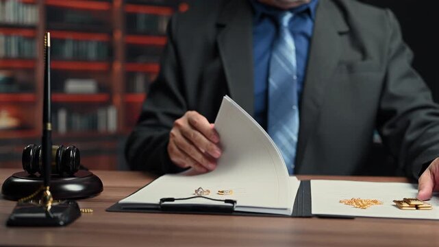 Attorney reviews divorce documents, managing divorce settlement proceedings as divorce asset division requires financial settlement.