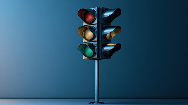 Modern traffic light with red, yellow, and green signals on metallic pole, minimal background, intelligent control concept