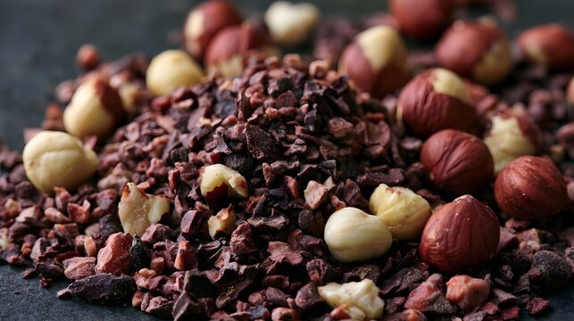 A pile of cacao nibs surrounded by whole and cracked hazelnuts  showcasing rich textures and earthy tones