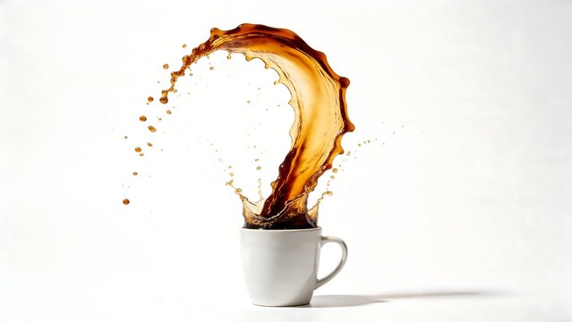 Dynamic splash of dark fresh coffee from a white ceramic cup symbolizing morning energy and motion