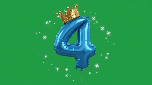 Floating blue number four balloon with gold crown on green screen  4K VIDEO