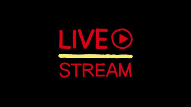 Animated red LIVE STREAM text motion graphic with play button icon on black background for broadcast, video overlay, and social media online streaming.