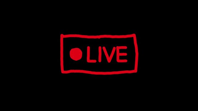 Red hand drawn animated live sign icon glowing on black background loop video. Minimalist streaming status badge illustration for broadcast.