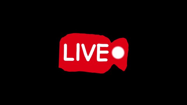 Animated hand drawn red camera icon with white live text and blinking recording dot, frame by frame stroke animation on black background, 4k motion graphics overlay.