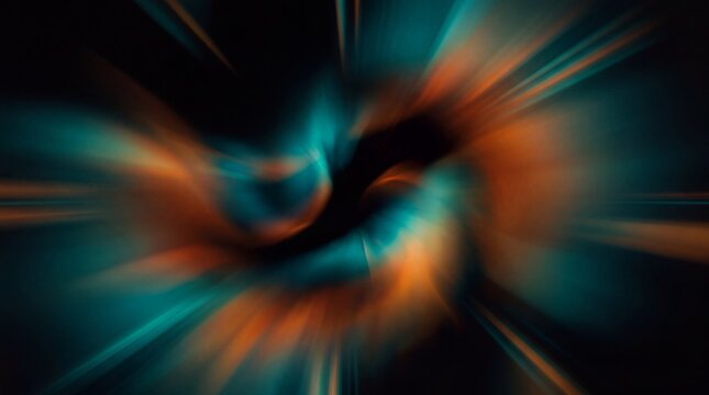 A captivating abstract artwork that combines a deep black background with a dynamic gradient of teal and orange. Blurred, glowing shapes and a prominent grainy texture create a sense of energy and mov