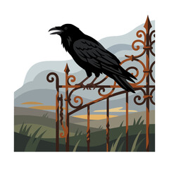 Fototapeta premium Black raven perched on ornate iron garden fence.
