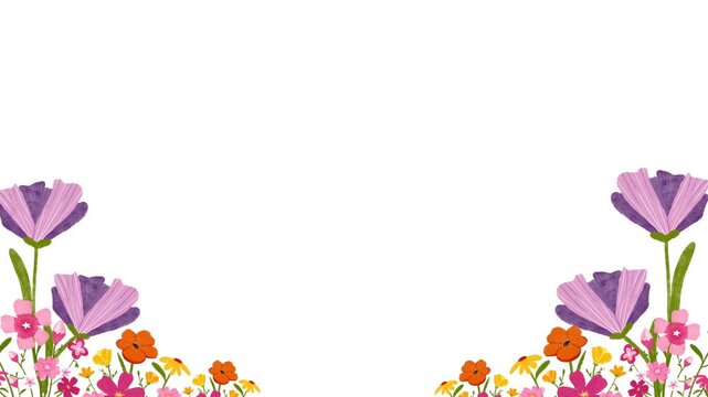 Animated floral frame background with colorful bouquet flowers. Watercolor floral for wedding background with spring flowers frame.