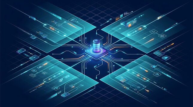 Centralized Data Processing Hub with Four Connected Digital Interface Panels for Advanced Network Architecture and Information Systems Analysis