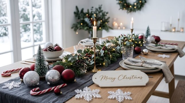 Elegant Christmas Dining Table Setting with Warm Lighting and Festive Ornaments
