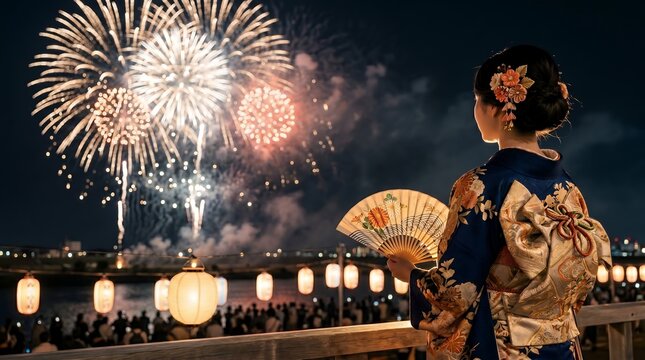 Traditional Japanese Woman in Kimono Holding a Fan Watching a Colorful Fireworks Display at Night