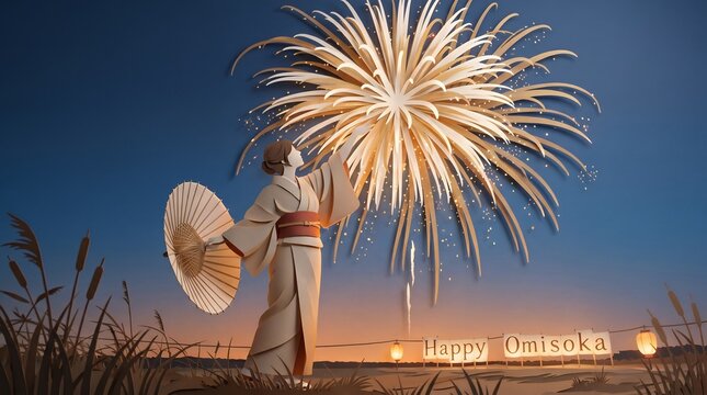 Traditional Woman in Kimono Holding Folding Fan Enjoying Evening Fireworks Display