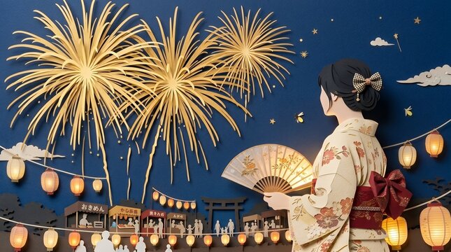 Festive Paper Craft Scene of a Japanese Woman Enjoying a Fireworks Display at a Summer Festival