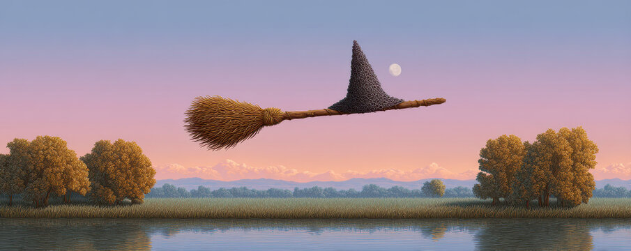 Autumn halloween candy scene with magical broom flying above calm river and golden trees beneath pastel sunset sky