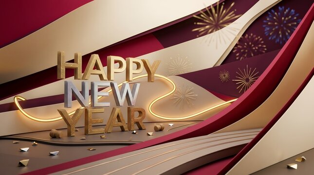 Luxurious 3D Metallic Golden and Silver Text Happy New Year Celebration Scene
