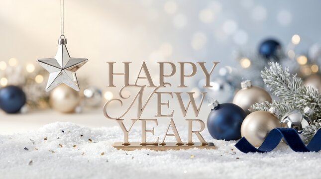 Elegant Metallic Gold 3D "Happy New Year" Text with Star Ornament and Festive Ornaments in Snow