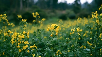 Fototapeta premium A field of yellow flowers swaying gently in a lush green landscape under soft natural light