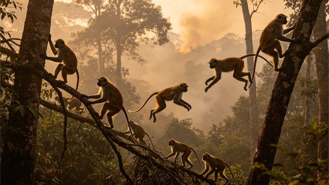 Group of Monkey Fleeing and Jumping from Forest Fire Smoke