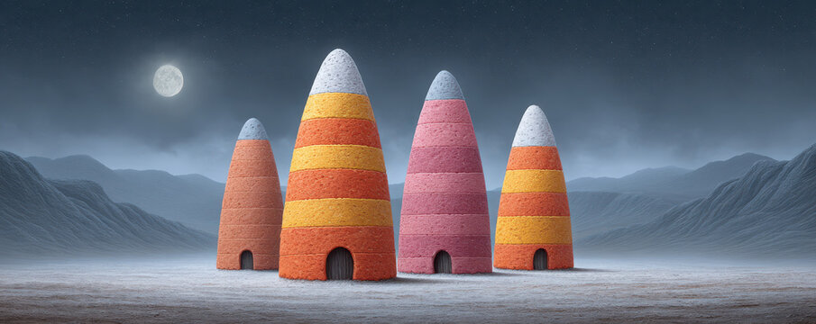 Halloween candy cone tower under moonlit mountain sky