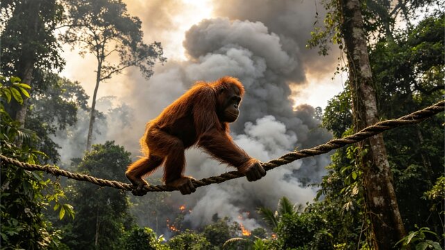 Endangered Orangutan Evacuating Smoldering Forest Fire and Thick Smoke