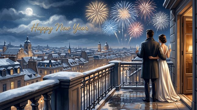 Festive Couple Celebrating New Year's Eve With Fireworks Above Snowy Cityscape