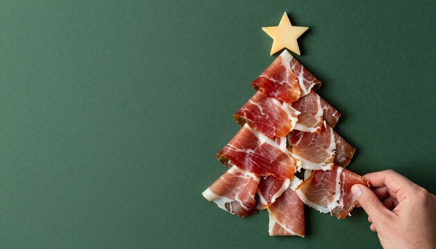 Gourmet prosciutto flat lay with folded ham slices and cheese star on dark background