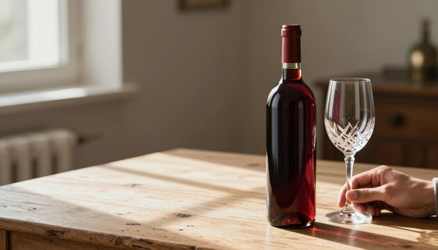 Elegant red wine bottle and crystal glass on rustic wooden table with warm sunlight
