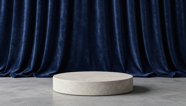 Minimalist stone cylindrical pedestal on polished grey floor with elegant navy blue velvet curtains