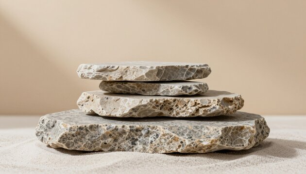 Minimalist composition with weathered basalt stones and textured granite slab for product display